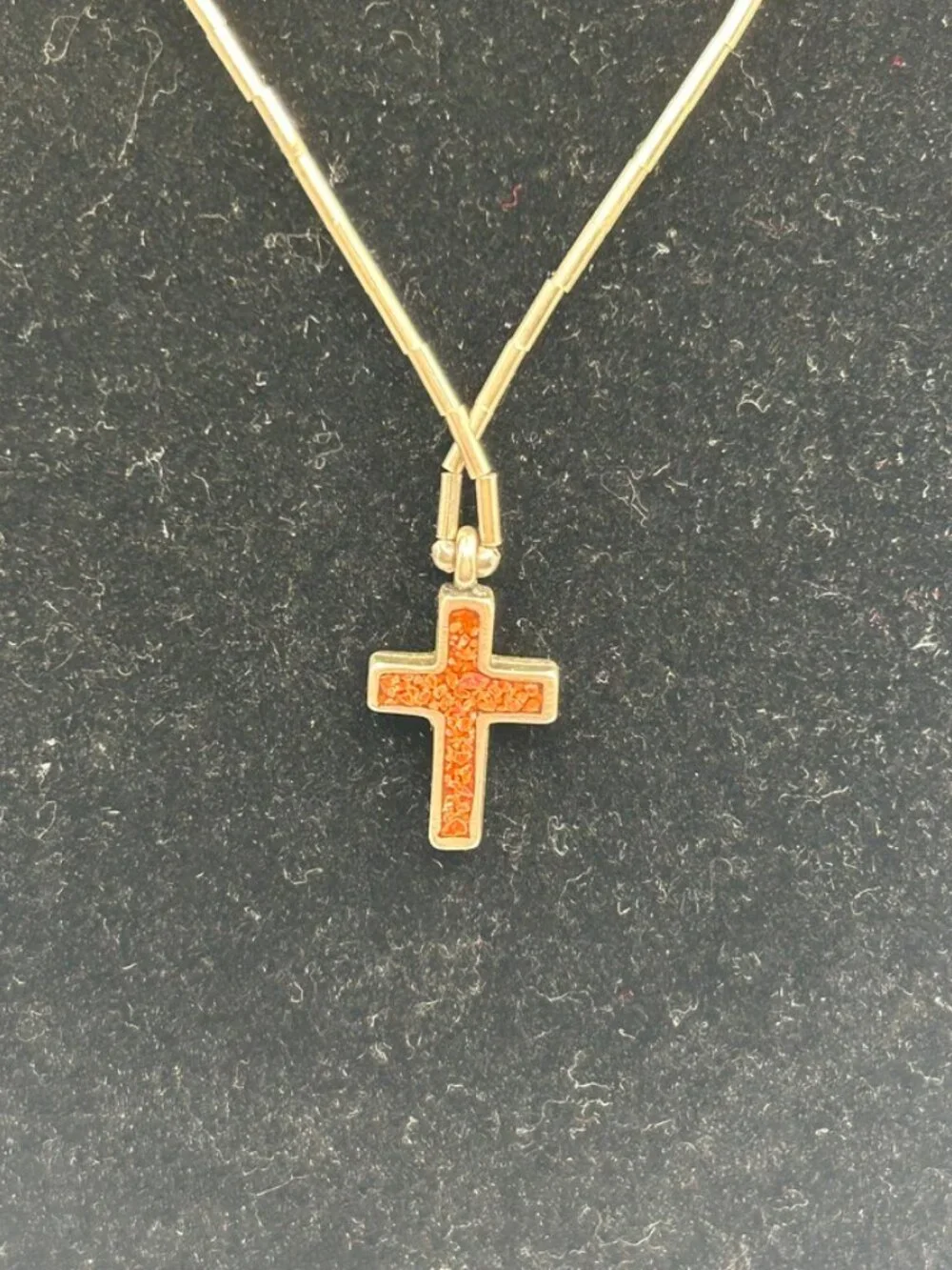 Vintage Womens Orange Coral Cross Real Silver Chain Plated Stainless Steel